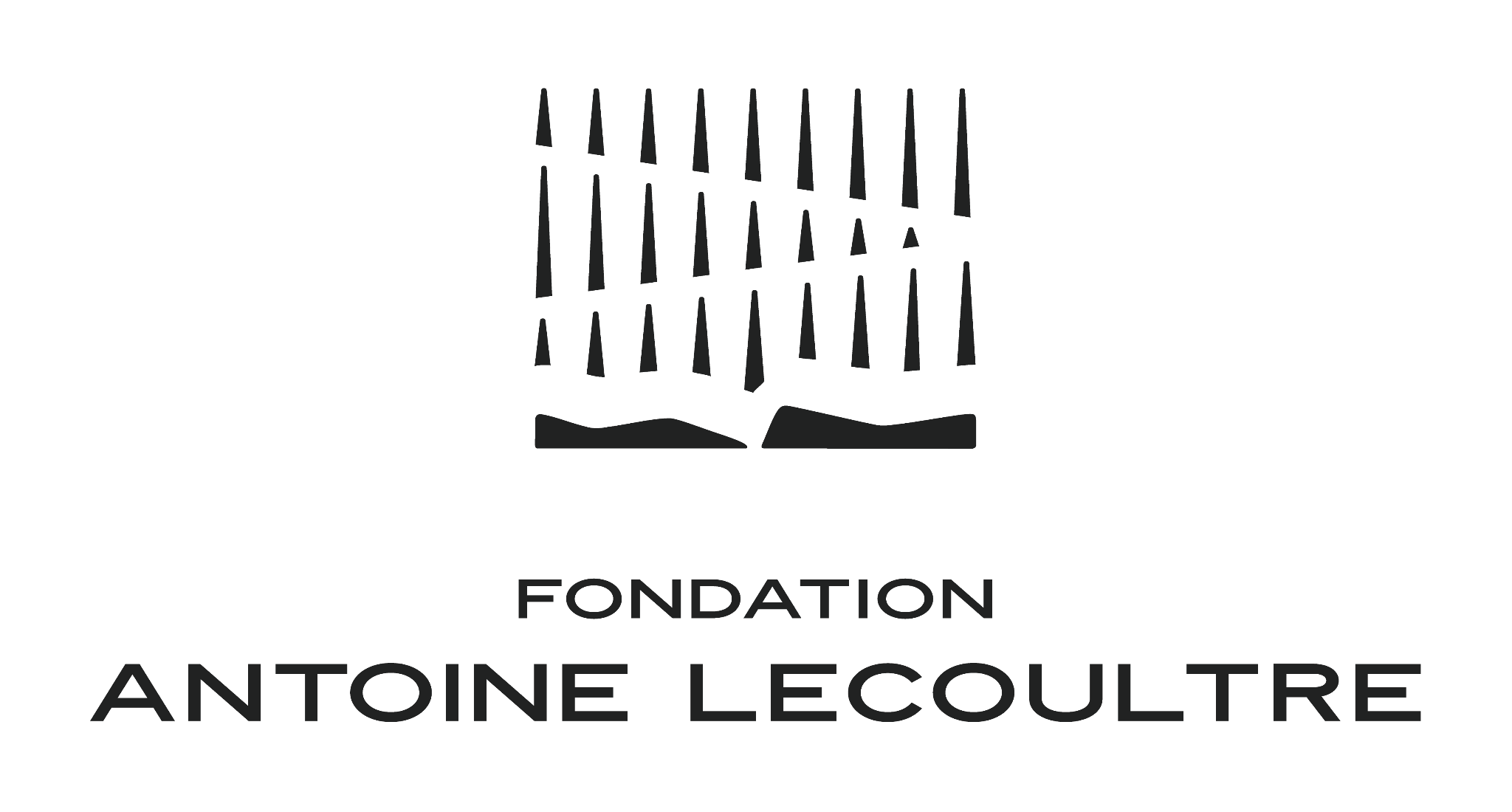 Logo de la Fondation Antoine LeCoultre : des aiguilles aux formes singulières, au-dessus des courbes de la Vallée de Joux.